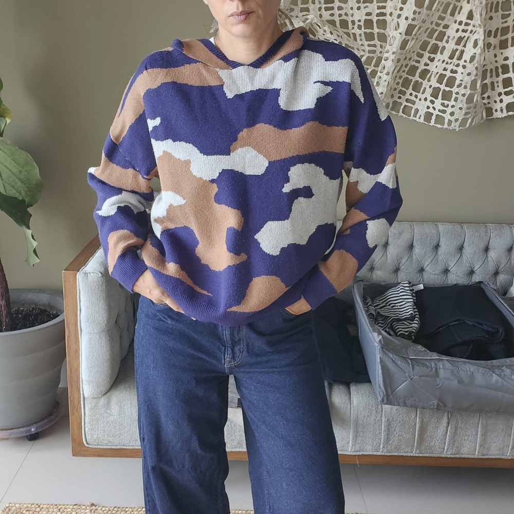 Elan Women's Crewneck Sweater - Blue, Brown, and White Camouflage